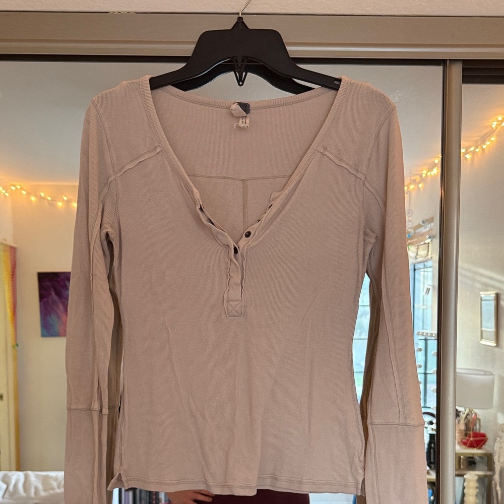 We The Free Beige Long Sleeve Henley Top